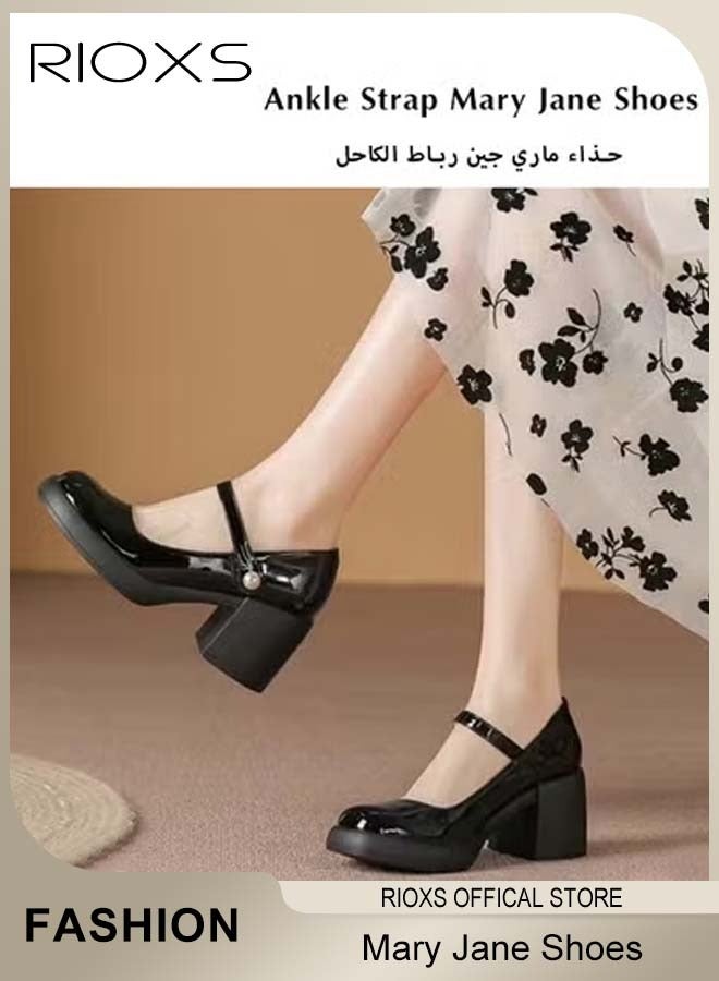 RIOXS Mary Jane Shoes for Women, Classic Patent Leather Shoes, Women's Ankle Strap Mary Jane Shoes, Fashion Round Toe Shoes, 6.5cm Elegant Mary Janes Heels, Comfort Lightweight Office Shoes, Perfect Companion for Any Outfits, Black Leather Heel Shoes Womens Footwear - Image 5